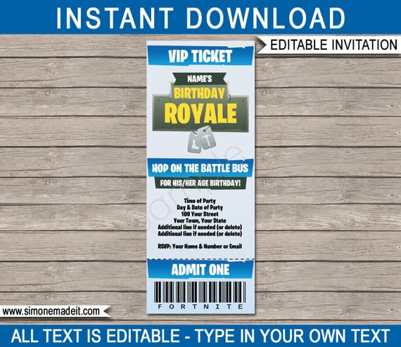 birthday royale invitation template ticket printable video game party invite instant download with editable text you edit at home - fortnite birthday invitations free download