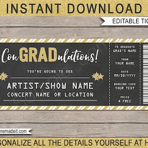 Graduation Concert Ticket Gift Printable Gift Ticket Surprise Concert, Show, Band, Performance INSTANT DOWNLOAD EDITABLE text image 1