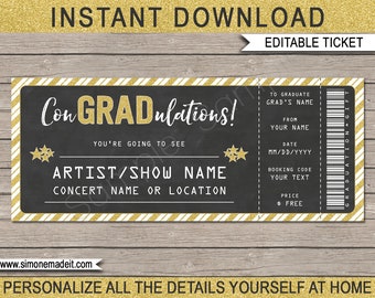 Graduation Concert Ticket Gift - Printable Gift Ticket - Surprise Concert, Show, Band, Performance - INSTANT DOWNLOAD - EDITABLE text