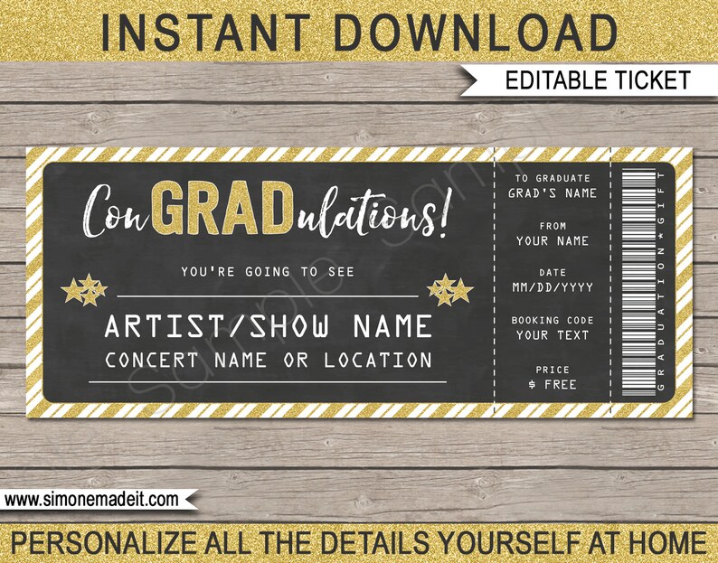Graduation Concert Ticket Gift Printable Gift Ticket Surprise Concert, Show, Band, Performance INSTANT DOWNLOAD EDITABLE text image 1