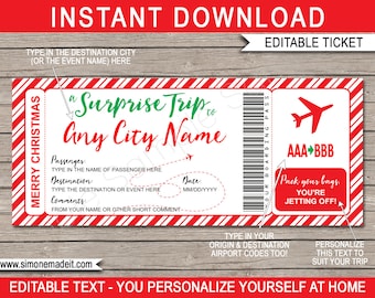 Christmas Surprise Trip Boarding Pass Template - Printable Plane Ticket - Any Destination Flight Voucher - INSTANT DOWNLOAD text EDITABLE