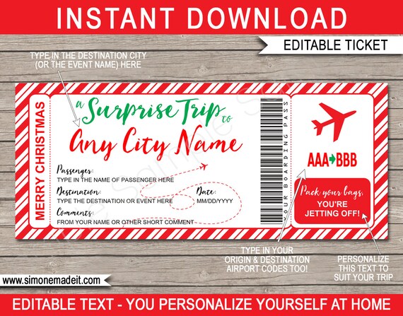 Christmas Surprise Trip Boarding Pass Template - Printable Plane Ticket - Any Destination Flight Voucher - INSTANT DOWNLOAD text EDITABLE Il_570xn
