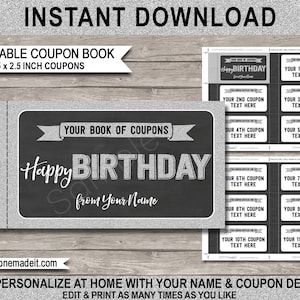 Modelo de livro de cupom de aniversário para impressão - Vouchers de presente de aniversário personalizados de última hora - Prata - DOWNLOAD INSTANTÂNEO com texto EDITÁVEL