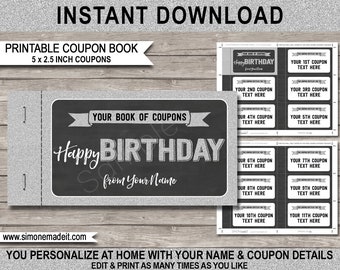 Printable Birthday Coupon Book Template - Last Minute Personalized Birthday Gift Vouchers - Silver - INSTANT DOWNLOAD with EDITABLE text