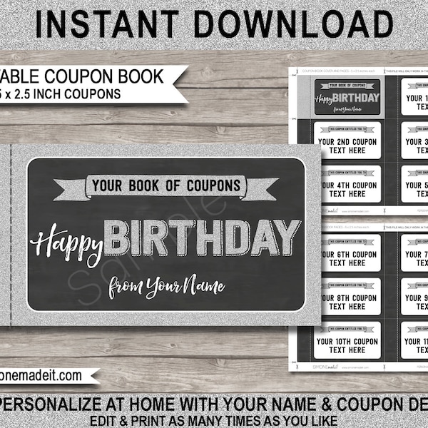 Printable Birthday Coupon Book Template - Last Minute Personalized Birthday Gift Vouchers - Silver - INSTANT DOWNLOAD with EDITABLE text