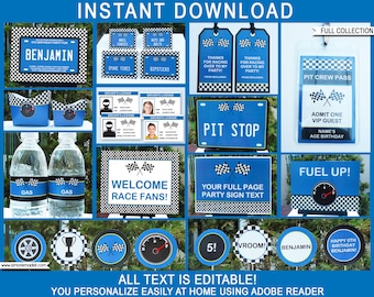 Blue Race Car Birthday Party Decorations: Invitation Bundle (EDITABLE)