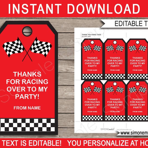 Race Car Favor Tags Template - Printable Birthday Party Thank You Tags - INSTANT DOWNLOAD - EDITABLE text - you personalize