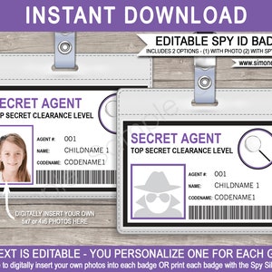 Spy Birthday Party Printables - Secret Agent Badge - Printable ID Badge - INSTANT DOWNLOAD with Editable text - you personalize at home