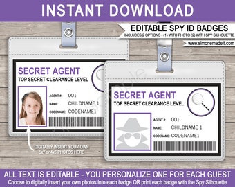 Spy Birthday Party Printables - Secret Agent Badge - Printable ID Badge - INSTANT DOWNLOAD with Editable text - you personalize at home