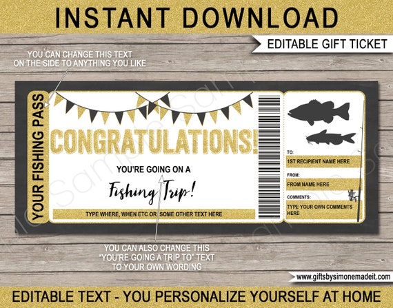 Congratulations Fishing Trip Ticket Template Gift Certificate Voucher Card  Surprise Vacation Trip Reveal INSTANT DOWNLOAD Text EDITABLE -  Ireland