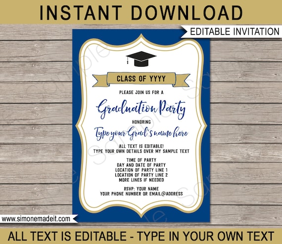 Graduation Party Invitations - Navy Blue & Tan / Bronze - Printable Template - Any Year - INSTANT DOWNLOAD - EDITABLE text - you personalize Il_570xn