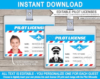 Pilot License Template - Airplane Birthday Party Decorations or Favors - Printable Id Badge - INSTANT DOWNLOAD with EDITABLE text & photo