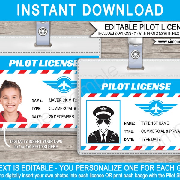 Pilot License Template - Airplane Birthday Party Decorations or Favors - Printable Id Badge - INSTANT DOWNLOAD with EDITABLE text & photo