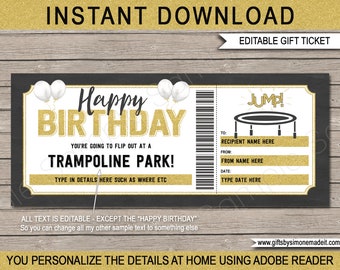 Trampoline Park Gift Certificate Template - Printable Surprise Birthday Jump Gift Ticket Voucher Coupon - INSTANT DOWNLOAD - EDITABLE text