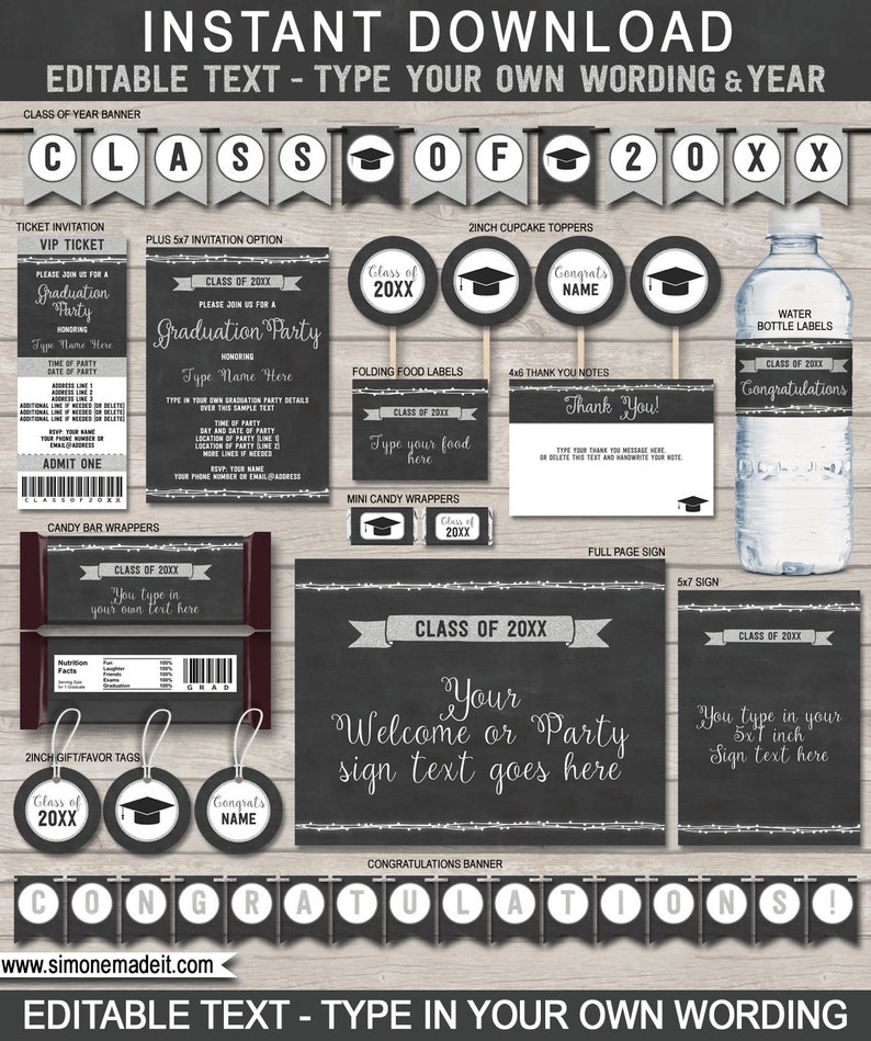 Puede incluir: Un conjunto de decoraciones imprimibles para una fiesta de graduaci&oacute;n en blanco y negro con detalles de purpurina plateada. El conjunto incluye una pancarta, adornos para cupcakes, etiquetas para alimentos, etiquetas para botellas de agua, notas de agradecimiento, etiquetas para regalos y un cartel de bienvenida. El texto de las decoraciones es editable, lo que te permite personalizarlas con el nombre del graduado y el a&ntilde;o.