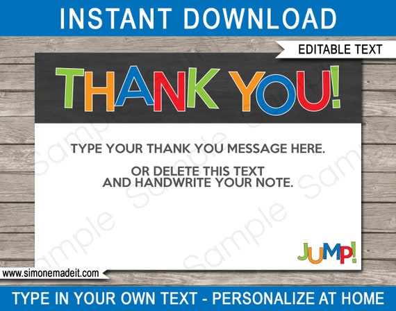 Trampoline Party Thank You Cards - Trampoline Birthday Party Theme - Printable Thank You Notes - 4x6 - INSTANT DOWNLOAD with EDITABLE text Il_570xn