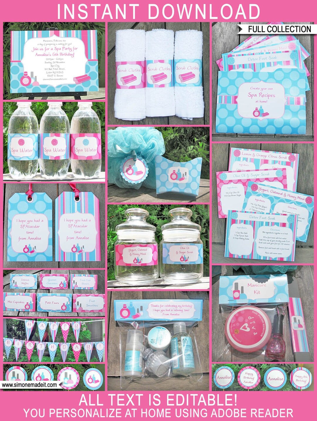 Spa Party Printable Decorations &amp; Invitation Template Bundle - Birthday ...
