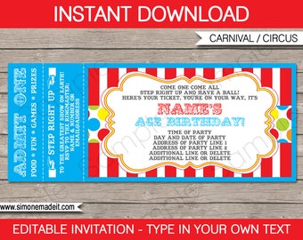 Carnival Ticket Invitation Printable Template - Circus Birthday Party Invite - INSTANT DOWNLOAD with EDITABLE text - you personalize at home