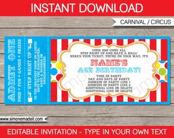 Puede incluir: Invitación de cumpleaños editable e imprimible con temática de carnaval o circo. La invitación es azul y roja con un fondo a rayas y un círculo blanco grande con el texto "¡Venid todos, venid todos, subid y divertiros! Aquí está tu entrada. Estás en el camino correcto. ¡Es el cumpleaños de [Nombre]!"