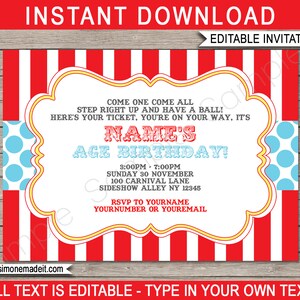 Red & Aqua Circus Invitation Templates - Printable Birthday Party Invite - Come One, Come All, Here's Your Ticket - Carnival Theme - INSTANT DOWNLOAD - EDITABLE Text