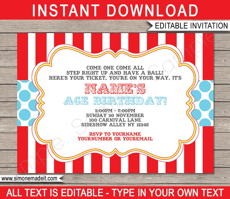 Red & Aqua Circus Invitation Templates - Printable Birthday Party Invite - Come One, Come All, Here's Your Ticket - Carnival Theme - INSTANT DOWNLOAD - EDITABLE Text