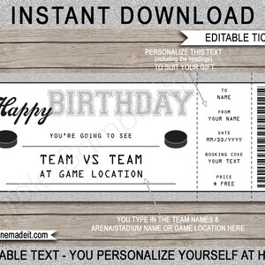 Hockey Ticket Birthday Gift: Printable Voucher Template (Editable Text Download)