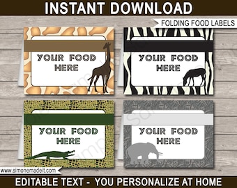 Safari Birthday Party Food Labels Printable Decoration Template - Zoo Jungle Animal - Place Cards - INSTANT DOWNLOAD with EDITABLE text