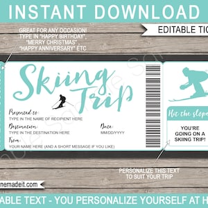 Afdrukbare Ski Trip Pass Ticket Cadeaubon Certificaat - Verrassing Skivakantie - Elke gelegenheid - INSTANT DOWNLOAD - BEWERKBARE tekst