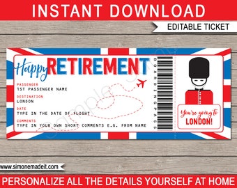 Surprise trip to London Boarding Pass Retirement Gift Printable Plane Ticket - England Holiday - INSTANT DOWNLOAD - EDITABLE text - you edit