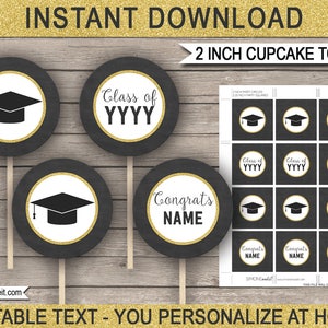 Printable Graduation Cupcake Toppers Graduation Party Decorations chalkboard gold glitter INSTANT DOWNLOAD with EDITABLE text image 1