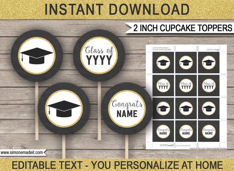 Printable Graduation Cupcake Toppers Graduation Party Decorations chalkboard gold glitter INSTANT DOWNLOAD with EDITABLE text image 1