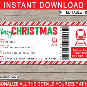 Modello di carta d'imbarco del biglietto del treno di Natale - Viaggio a sorpresa, Vacanza fuga - Voucher regalo stampabile - DOWNLOAD IMMEDIATO - Testo MODIFICABILE