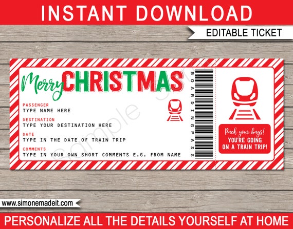 christmas train ticket boarding pass gift surprise trip getaway holiday vacation printable voucher instant download editable text by simonemadeit catch my party