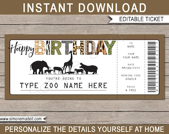 Zoo Ticket Printable Birthday Gift Voucher - Surprise trip to the Zoo - DIY Coupon Template - EDITABLE Text DOWNLOAD - you personalize