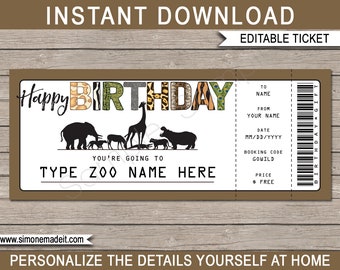 Zoo Ticket Printable Birthday Gift Voucher - Surprise trip to the Zoo - DIY Coupon Template - EDITABLE Text DOWNLOAD - you personalize