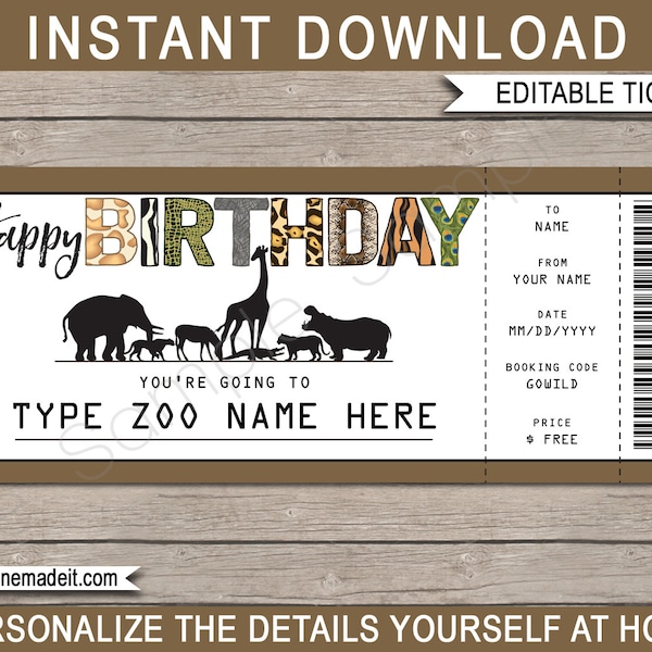 Zoo Ticket Printable Birthday Gift Voucher - Surprise trip to the Zoo - DIY Coupon Template - EDITABLE Text DOWNLOAD - you personalize