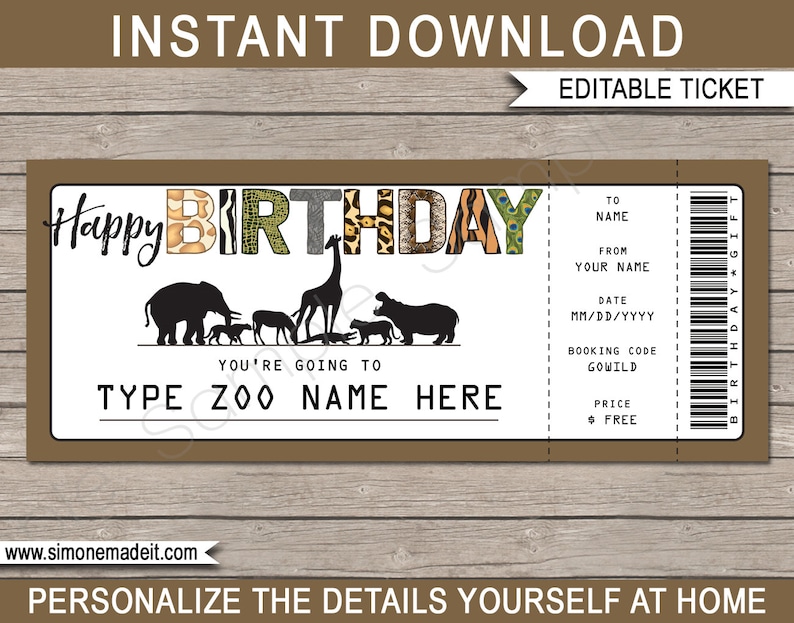 Zoo Ticket Printable Birthday Gift Voucher Surprise Trip to Etsy
