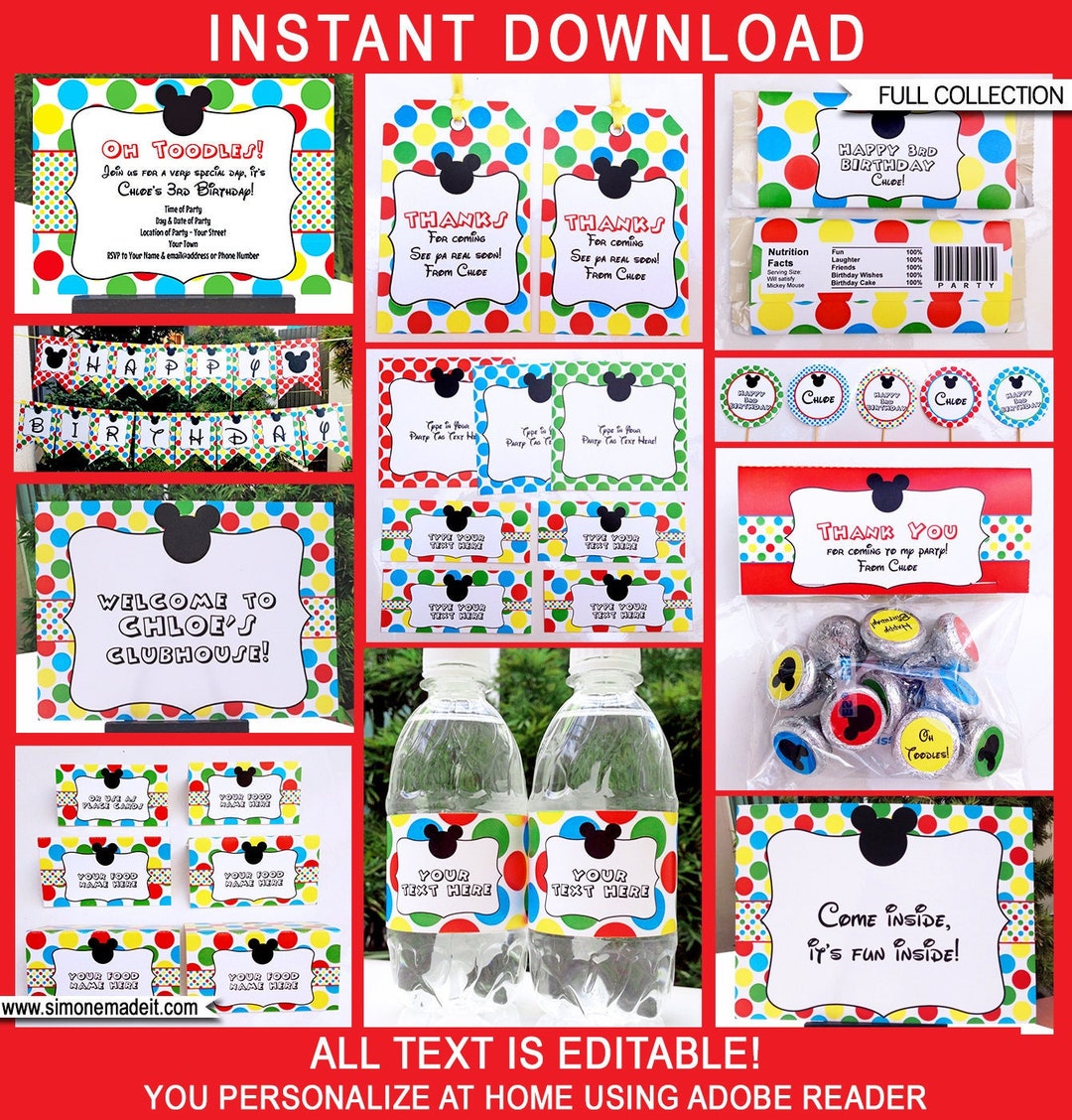 Mickey Mouse Party Printables Decorations &amp; Invitation Template Bundle ...