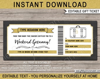 Weekend Away Voucher Template Gift Certificate Ticket Card - Printable Birthday Trip, Getaway, Pack Your Bags, Hotel Stay - INSTANT DOWNLOAD