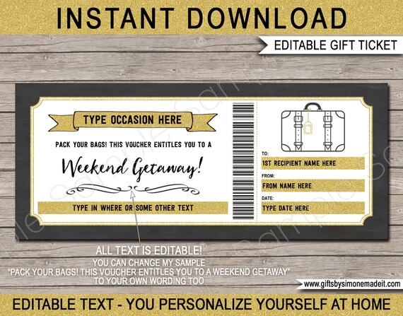 Weekend Away Voucher Template Gift Certificate Ticket Card Etsy UK