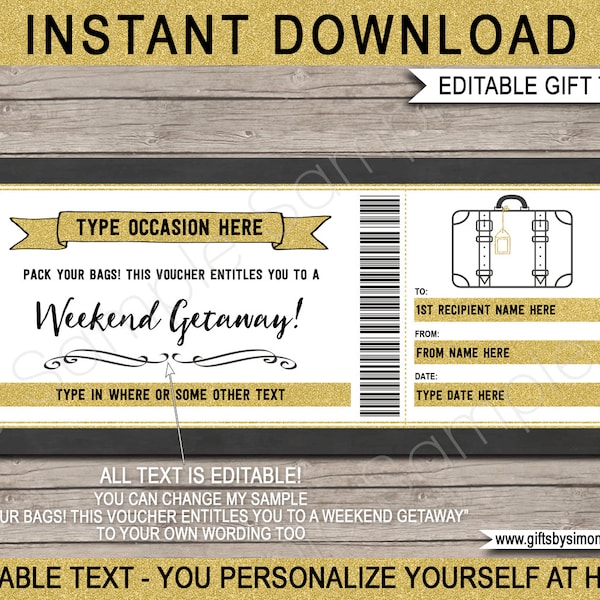 Weekend Away Voucher Template Gift Certificate Ticket Card - Printable Birthday Trip, Getaway, Pack Your Bags, Hotel Stay - INSTANT DOWNLOAD