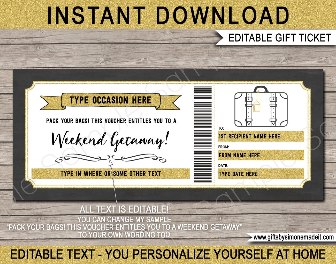 Weekend Away Voucher Template Gift Certificate Ticket Card - Printable  Birthday Trip, Getaway, Pack Your Bags, Hotel Stay - INSTANT DOWNLOAD