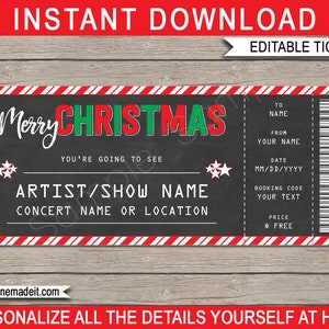 Concertkaartje Kerstcadeausjabloon - Afdrukbare cadeaubon Voucher Coupon - INSTANT DOWNLOAD met BEWERKBARE tekst