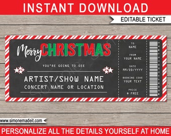 Concert Ticket Christmas Gift Template - Printable Gift Certificate Voucher Coupon - INSTANT DOWNLOAD with EDITABLE text