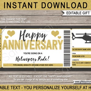Plantilla de boleto de paseo en helicóptero Certificado de regalo Tarjeta de cupón imprimible - Cupón de experiencia de regalo de aniversario - DESCARGA DE TEXTO EDITABLE