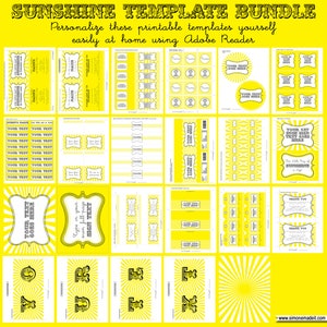Op de afbeelding: Een pakket met printbare sjablonen met een zonneschijn-thema. De sjablonen zijn geel met zwarte tekst en bevatten verschillende ontwerpen zoals labels, tags en banners. De tekst op de sjablonen zegt "Sunshine Template Bundle", "Personaliseer deze printbare sjablonen zelf gemakkelijk thuis met Adobe Reader", "Uw tekst hier", "Typ uw eigen volledige pagina met zonneschijntekst", "Uw 5x7 inch bordtekst hier", "Ons kleine zonneschijnfeestje" en "Bedankt".