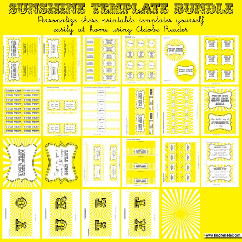 Op de afbeelding: Een pakket met printbare sjablonen met een zonneschijn-thema. De sjablonen zijn geel met zwarte tekst en bevatten verschillende ontwerpen zoals labels, tags en banners. De tekst op de sjablonen zegt "Sunshine Template Bundle", "Personaliseer deze printbare sjablonen zelf gemakkelijk thuis met Adobe Reader", "Uw tekst hier", "Typ uw eigen volledige pagina met zonneschijntekst", "Uw 5x7 inch bordtekst hier", "Ons kleine zonneschijnfeestje" en "Bedankt".
