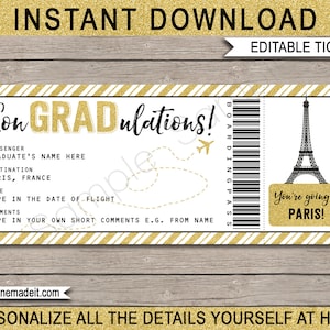 Paris Boarding Pass Graduation Gift Printable Plane Ticket - Surprise Post-Grad Trip France - INSTANT DOWNLOAD with EDITABLE text - you edit