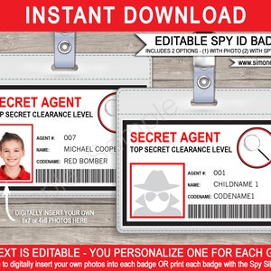 Spy Birthday Party Badge Secret Agent Badge Printable ID Badge Template INSTANT DOWNLOAD with Editable text you personalize at home image 1