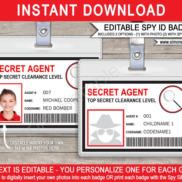 Spy Birthday Party Badge - Secret Agent Badge - Printable ID Badge Template - INSTANT DOWNLOAD with Editable text - you personalize at home